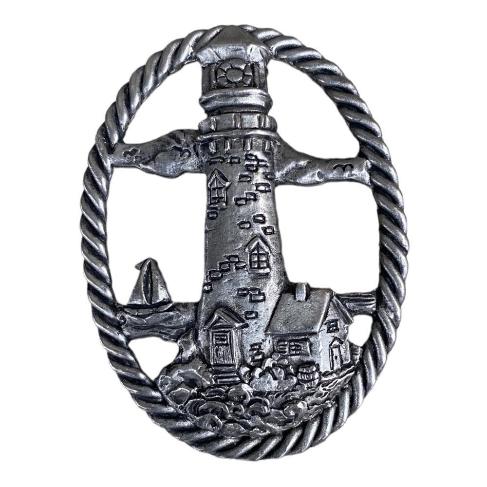 π2/$20 Vintage Signed JJ lighthouse scene oval shape pewter brooch pin